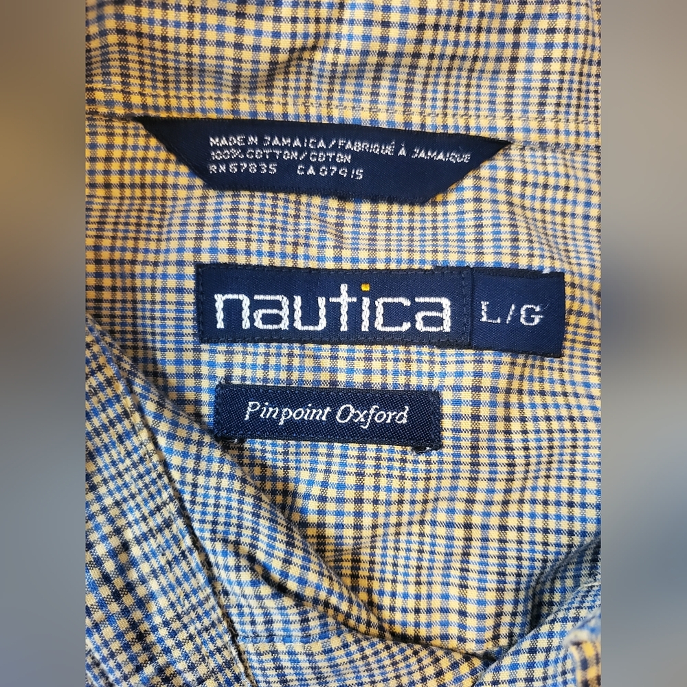Nautica Men's Shirt Cotton button-up in a Blue And Brown check pattern Size L - Picture 3 of 7